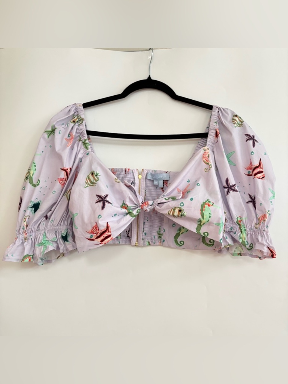 Hill House Isabella Crop Top Sea Creatures Lilac Puff Sleeve Tie Front Size S - Picture 4 of 7